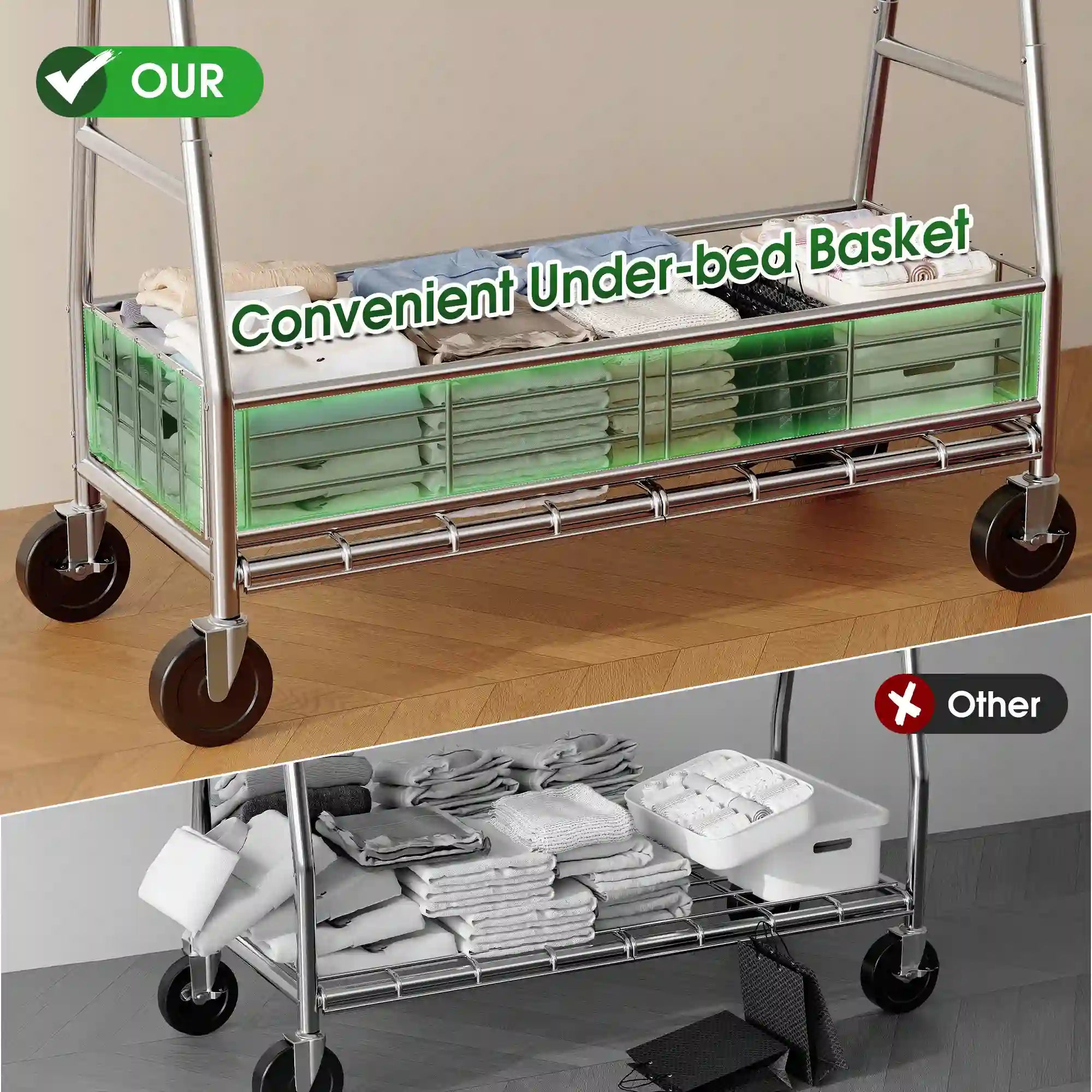 Convenient under-bed storage basket, compared with hangers without storage baskets