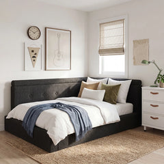 Snhomee Corner Bed Frame 360° Cushioned L-Shaped Daybed,Reversible Left or Right,5.7in Thick Headboard,882 lbs,No Box Spring