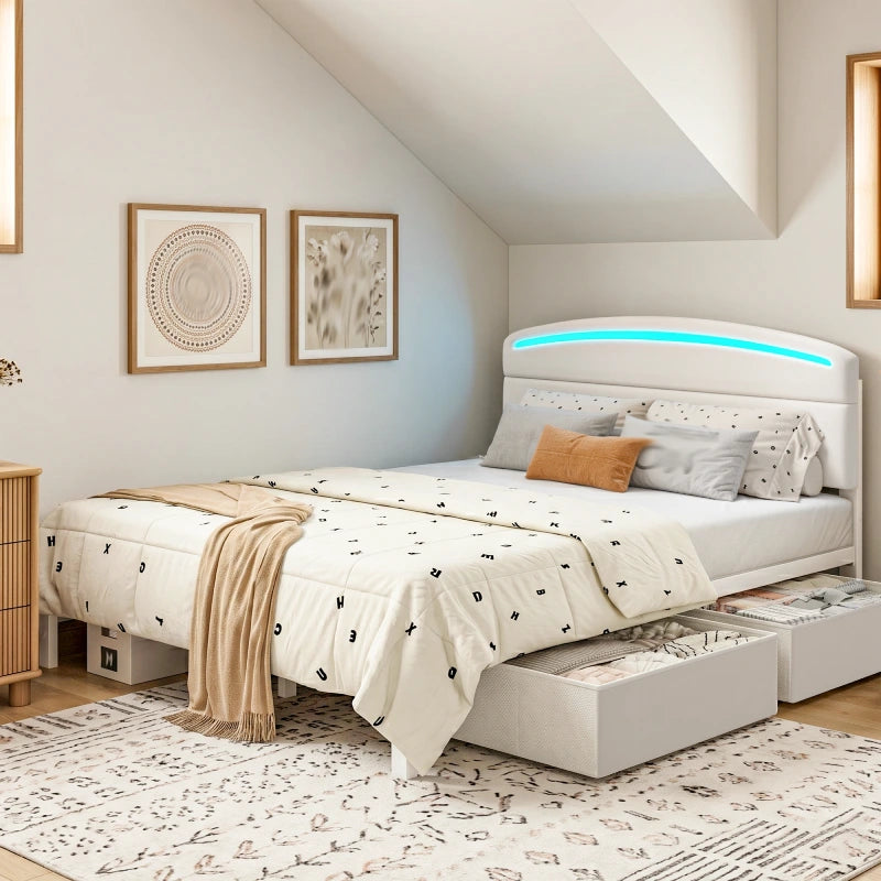 Snhomee Modern Upholstered Bed Frame with Curved LED Headboard, Spacious Storage Drawers & Charging Station for Bedroom