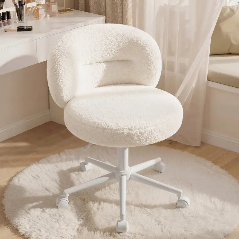 Snhomee White Leisure Office Chair with Independent Contoured Backrest, Soft Thick Lamb Velvet Fabric, Adjustable Height with Wheels and Lumbar Support, for Bedroom Home Office