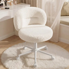 Snhomee White Leisure Office Chair with Independent Contoured Backrest, Soft Thick Lamb Velvet Fabric, Adjustable Height with Wheels and Lumbar Support, for Bedroom Home Office