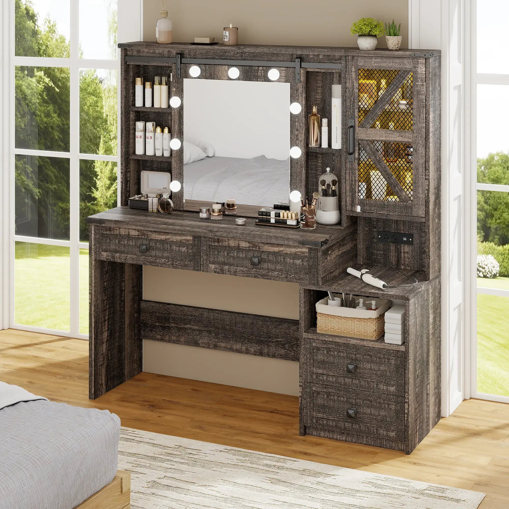 Snhomee 55.1” Farmhouse Vanity Desk with Sliding Mirror, LED Lights, 4 Drawers & RGB Cabinets for Bedroom, Dressing Room or Cloakroom