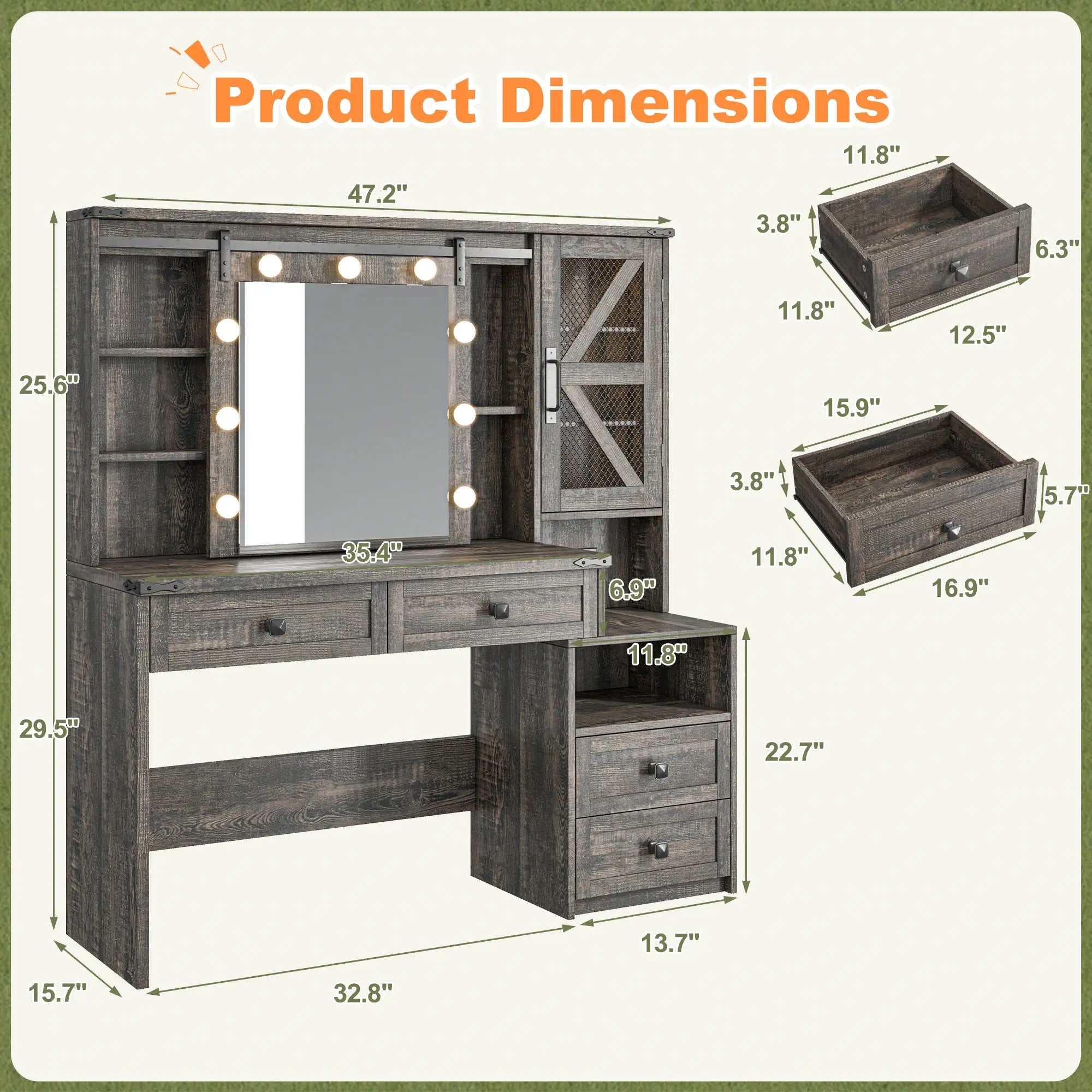Snhomee 55.1” Farmhouse Vanity Desk with Sliding Mirror, LED Lights, 4 Drawers & RGB Cabinets for Bedroom, Dressing Room or Cloakroom