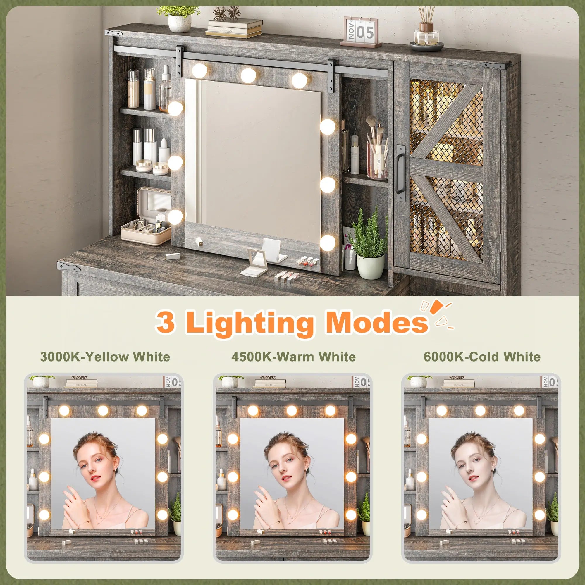 Snhomee 55.1” Farmhouse Vanity Desk with Sliding Mirror, LED Lights, 4 Drawers & RGB Cabinets for Bedroom, Dressing Room or Cloakroom