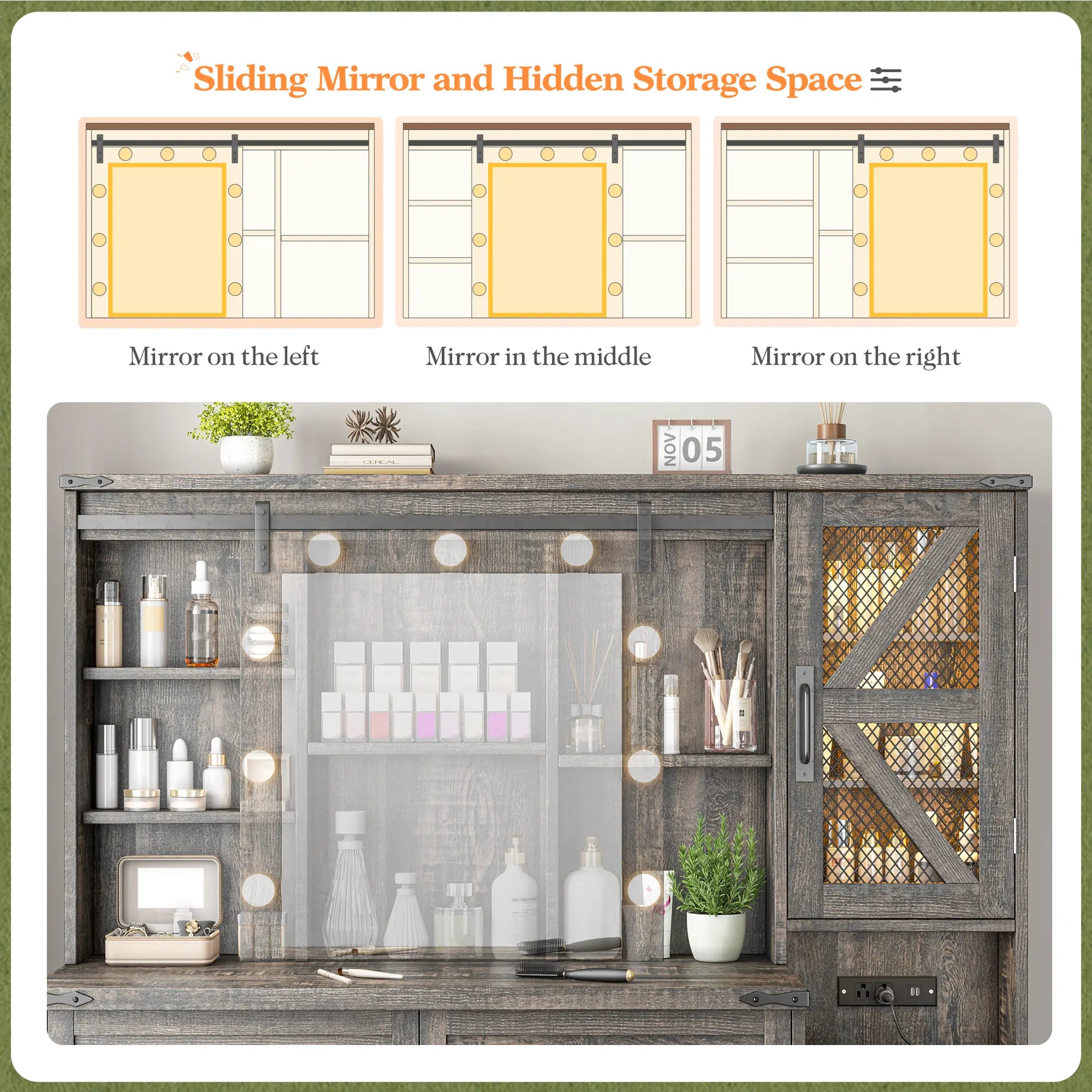 Snhomee 55.1” Farmhouse Vanity Desk with Sliding Mirror, LED Lights, 4 Drawers & RGB Cabinets for Bedroom, Dressing Room or Cloakroom