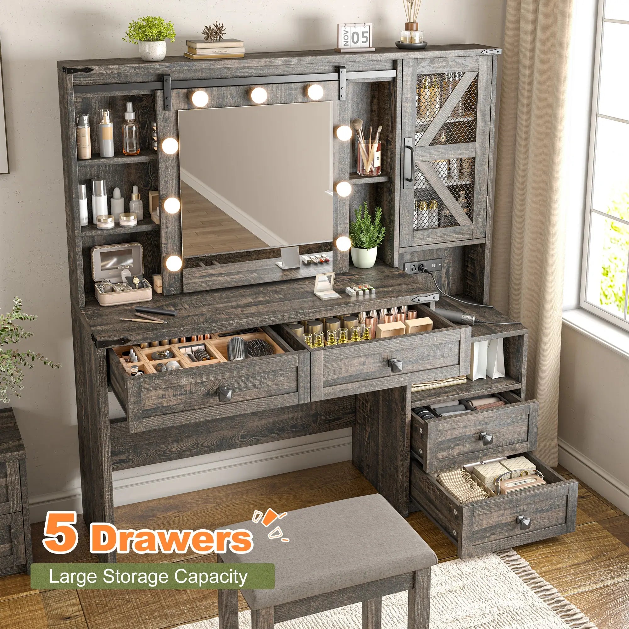Snhomee 55.1” Farmhouse Vanity Desk with Sliding Mirror, LED Lights, 4 Drawers & RGB Cabinets for Bedroom, Dressing Room or Cloakroom