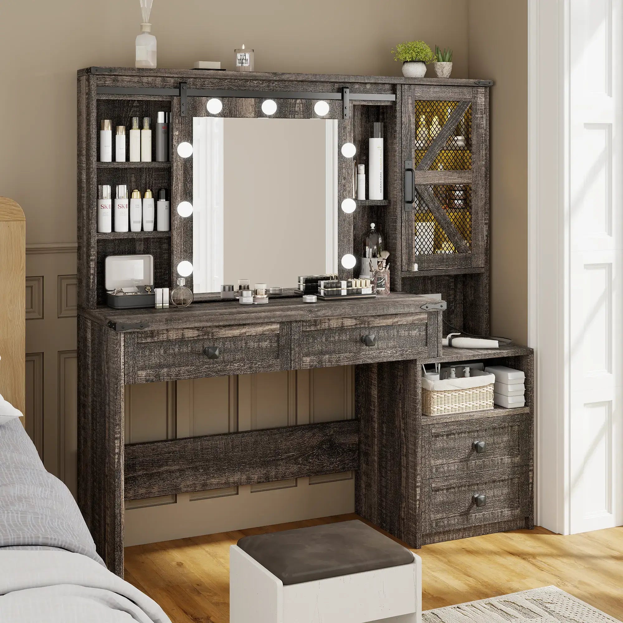 Snhomee 55.1” Farmhouse Vanity Desk with Sliding Mirror, LED Lights, 4 Drawers & RGB Cabinets for Bedroom, Dressing Room or Cloakroom