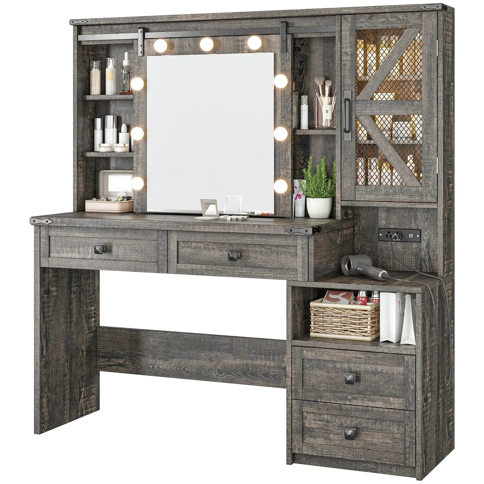 Snhomee 55.1” Farmhouse Vanity Desk with Sliding Mirror, LED Lights, 4 Drawers & RGB Cabinets for Bedroom, Dressing Room or Cloakroom