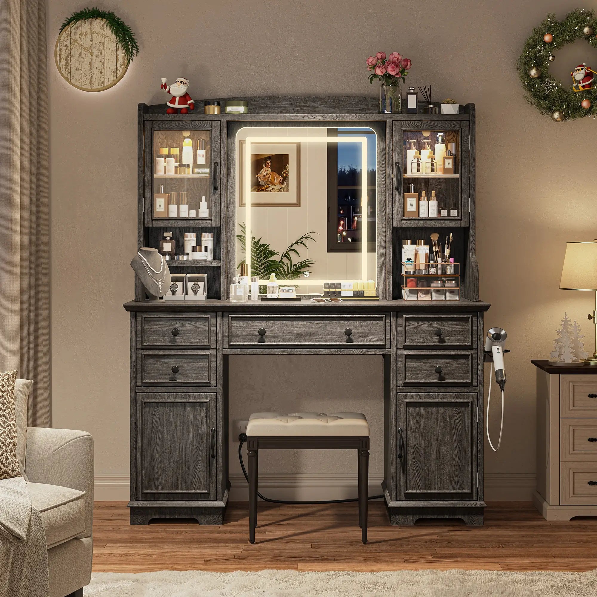 Snhomee Farmhouse Makeup Vanity Desk with LED Mirror & RGB Cabinets – Storaging with Drawers & Shelves, Ideal for Organizing Seasonal Skincare in Bedroom or Dressing Room