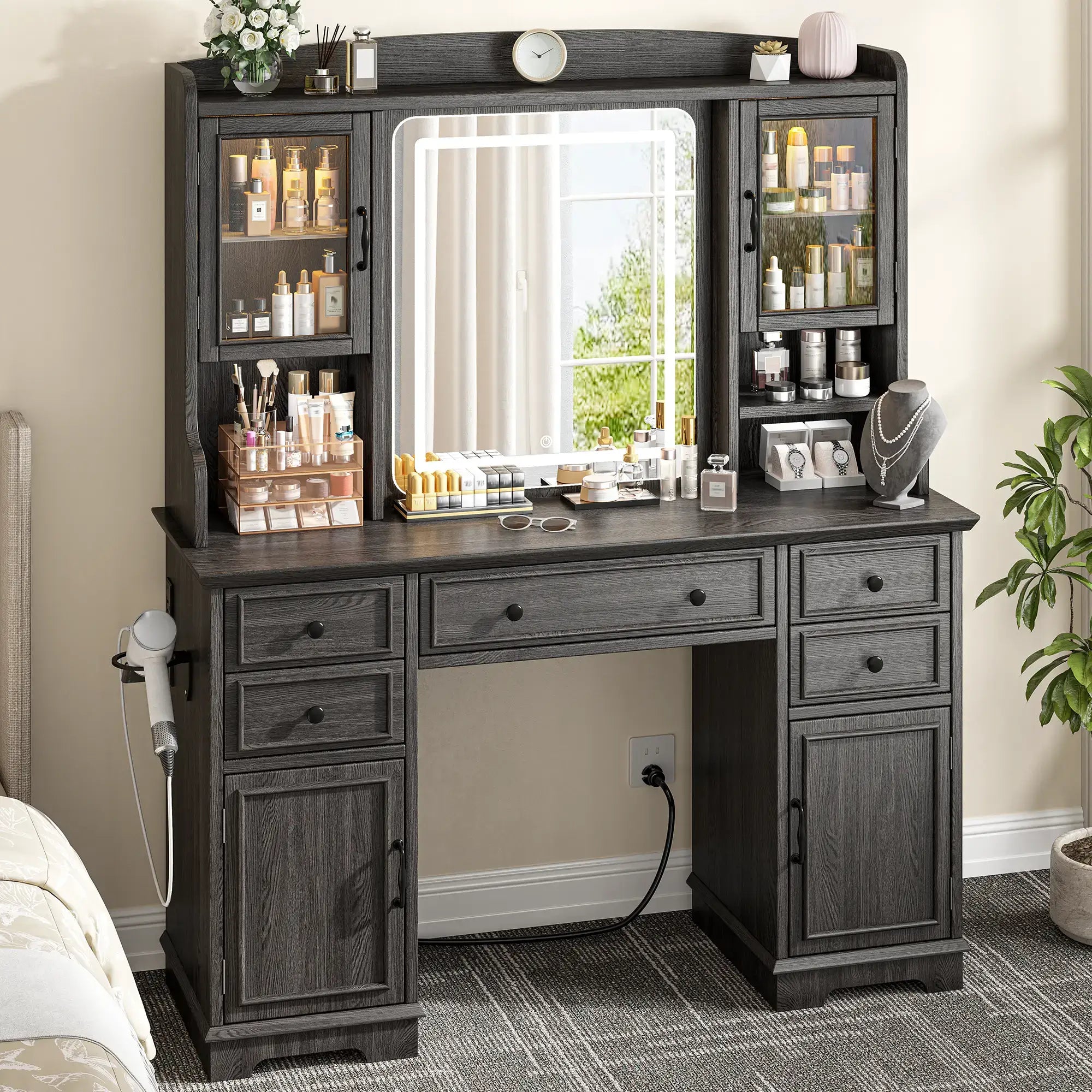 Snhomee Farmhouse Makeup Vanity Desk with LED Mirror & RGB Cabinets – Storaging with Drawers & Shelves, Ideal for Organizing Seasonal Skincare in Bedroom or Dressing Room