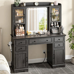 Snhomee Farmhouse Makeup Vanity Desk with LED Mirror & RGB Cabinets – Storaging with Drawers & Shelves, Ideal for Organizing Seasonal Skincare in Bedroom or Dressing Room