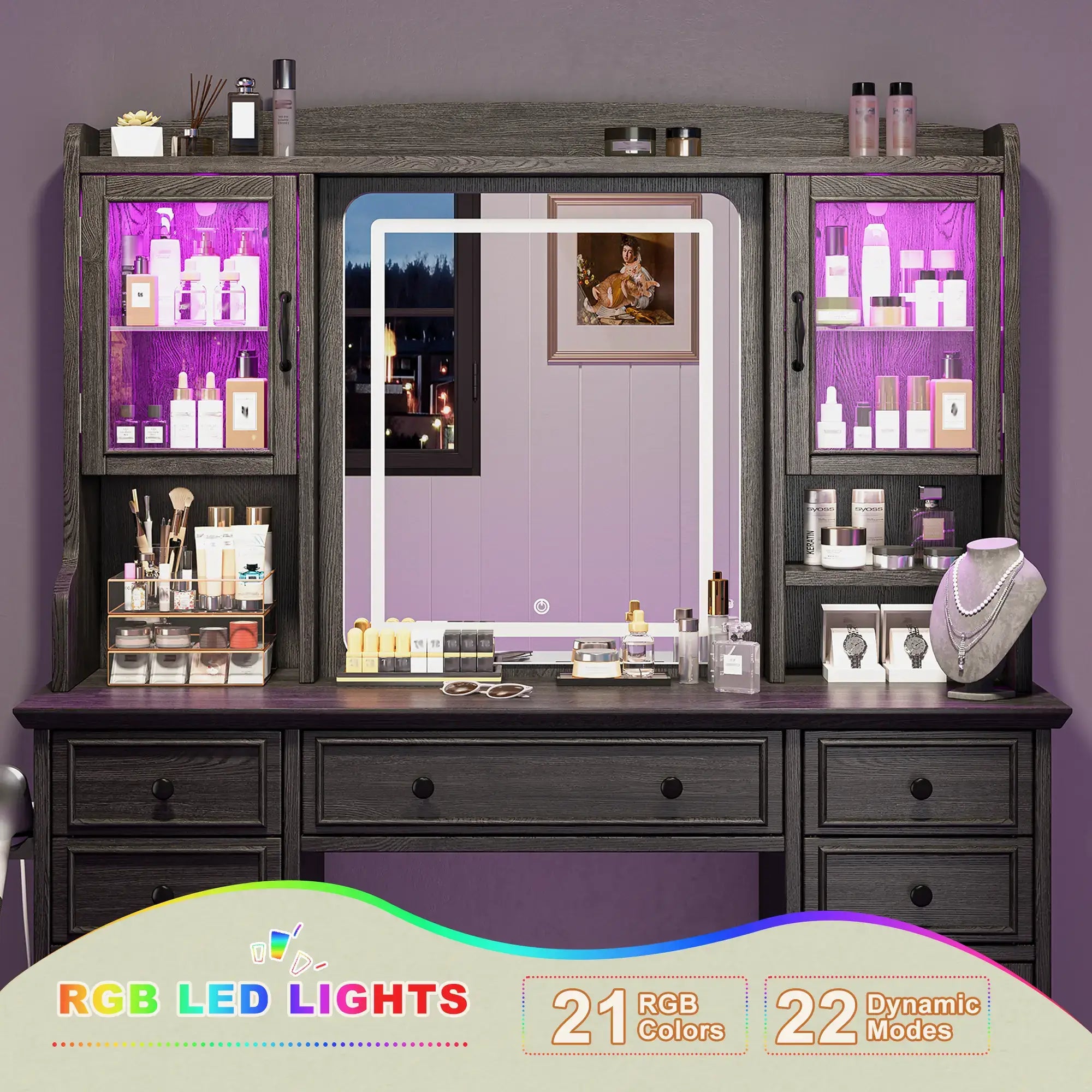 Snhomee Farmhouse Makeup Vanity Desk with LED Mirror & RGB Cabinets – Storaging with Drawers & Shelves, Ideal for Organizing Seasonal Skincare in Bedroom or Dressing Room