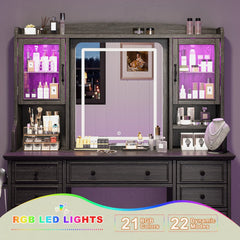 Snhomee Farmhouse Makeup Vanity Desk with LED Mirror & RGB Cabinets – Storaging with Drawers & Shelves, Ideal for Organizing Seasonal Skincare in Bedroom or Dressing Room