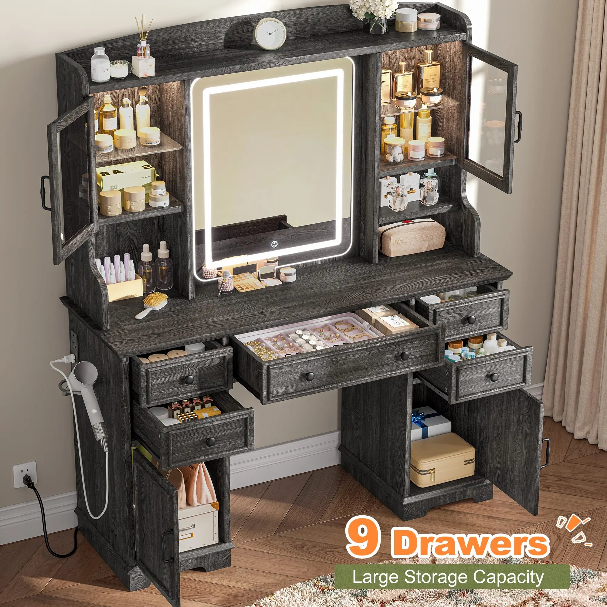 Snhomee Farmhouse Makeup Vanity Desk with LED Mirror & RGB Cabinets – Storaging with Drawers & Shelves, Ideal for Organizing Seasonal Skincare in Bedroom or Dressing Room