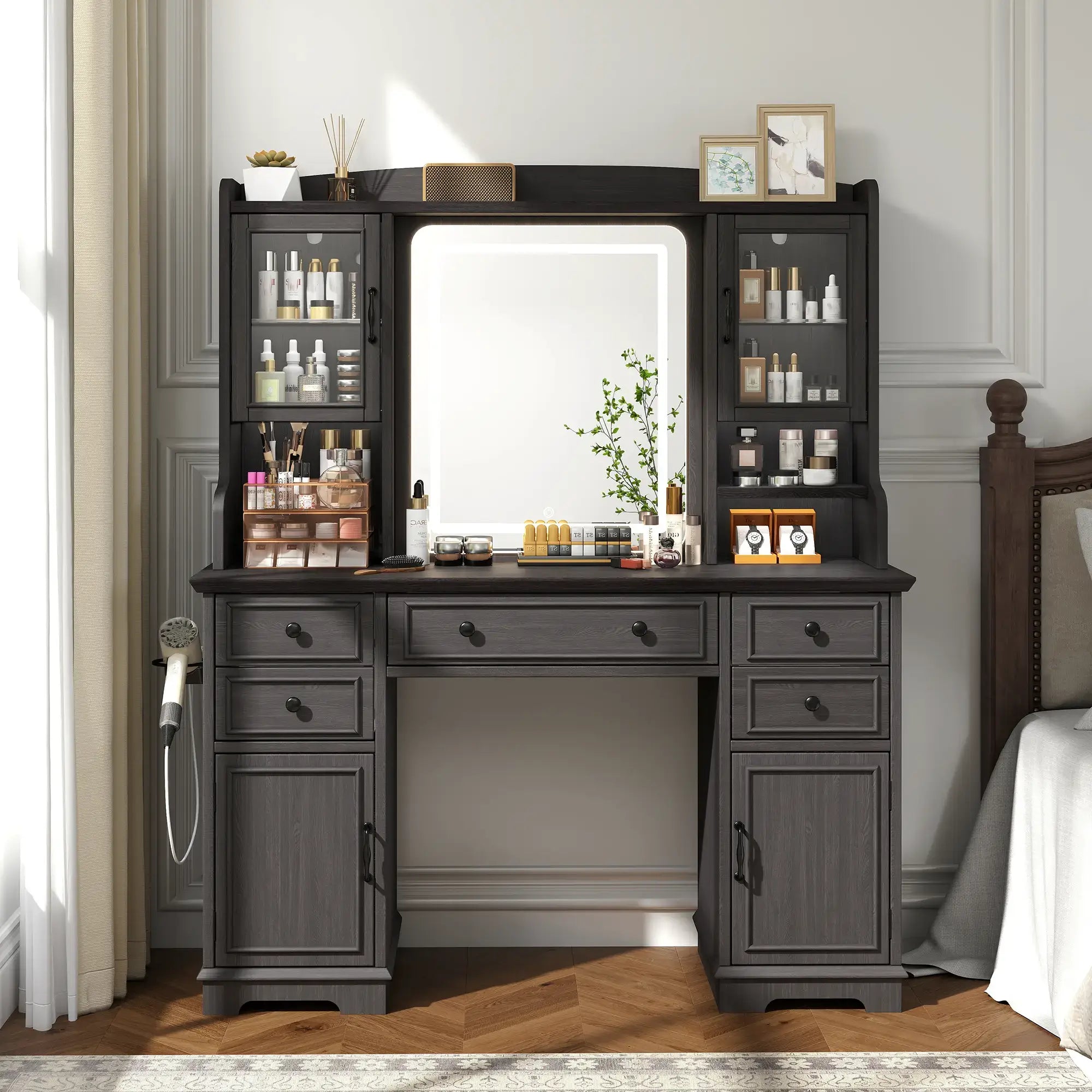 Snhomee Vanity Desk with LED Mirror,with 5 Drawers & 2 RGB Glass Cabinets, Power Outlet & Adjustable Shelves,Ideal for Bedroom or Dressing Room Dark Snhomee Vanity Desk with LED Mirror,with 5 Drawers & 2 RGB Glass Cabinets, Power Outlet & Adjustable Shelves,Ideal for Bedroom or Dressing Room Dark
