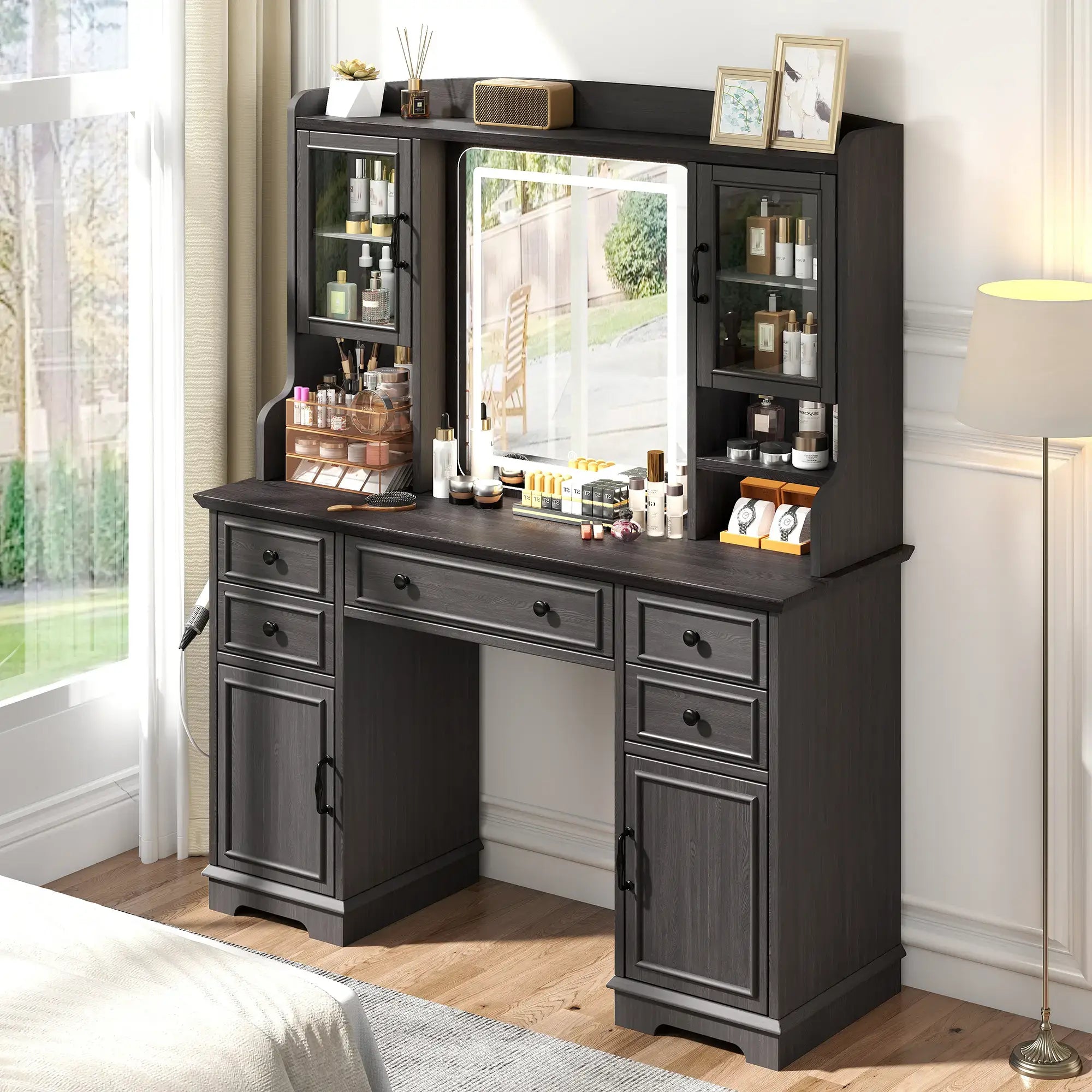 Snhomee Farmhouse Makeup Vanity Desk with LED Mirror & RGB Cabinets – Storaging with Drawers & Shelves, Ideal for Organizing Seasonal Skincare in Bedroom or Dressing Room
