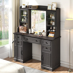 Snhomee Farmhouse Makeup Vanity Desk with LED Mirror & RGB Cabinets – Storaging with Drawers & Shelves, Ideal for Organizing Seasonal Skincare in Bedroom or Dressing Room