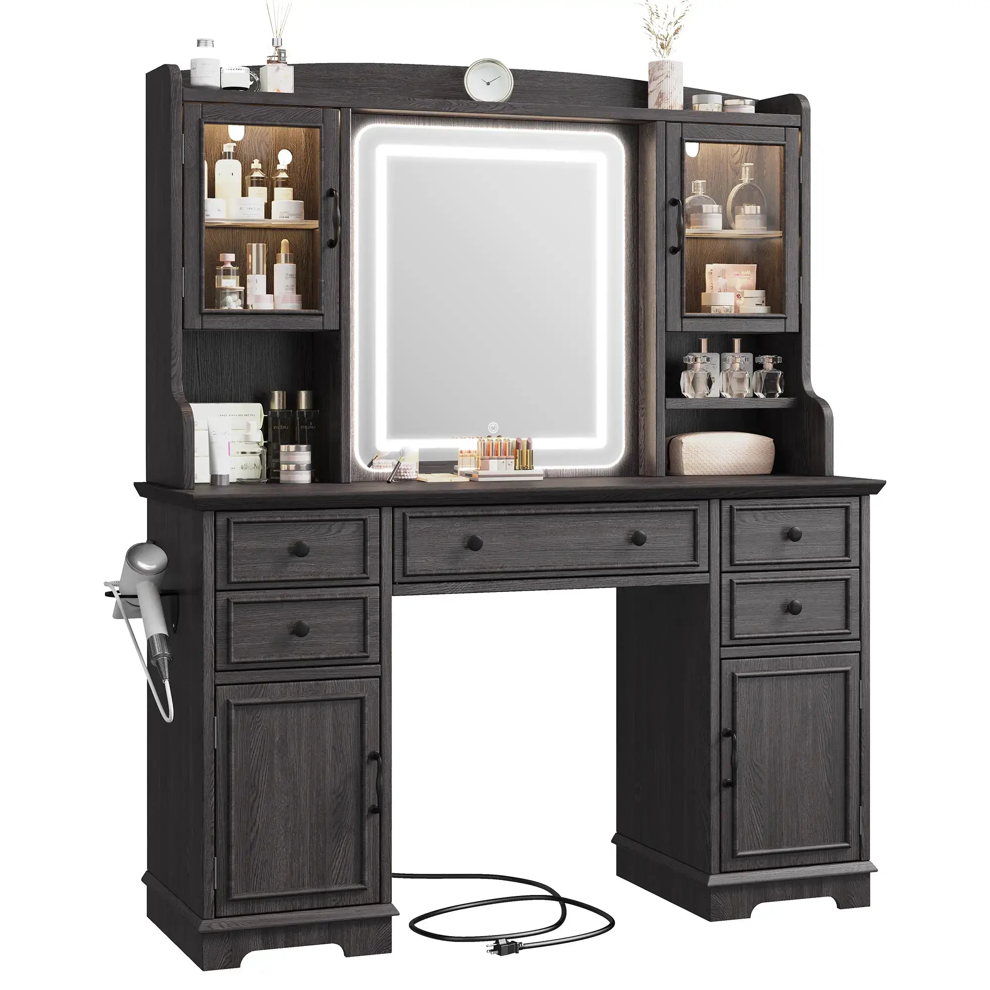 Snhomee Farmhouse Makeup Vanity Desk with LED Mirror & RGB Cabinets – Storaging with Drawers & Shelves, Ideal for Organizing Seasonal Skincare in Bedroom or Dressing Room