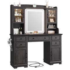 Snhomee Farmhouse Makeup Vanity Desk with LED Mirror & RGB Cabinets – Storaging with Drawers & Shelves, Ideal for Organizing Seasonal Skincare in Bedroom or Dressing Room