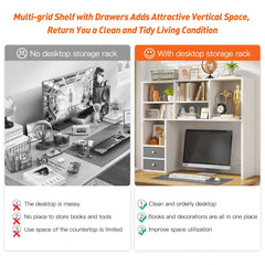 Snhomee Desktop Shelf Organizer with 7 Storages & 2 Drawers, Adjustable Large Capacity Desk Hutch for Home Office, Dorm Room, Study Desk