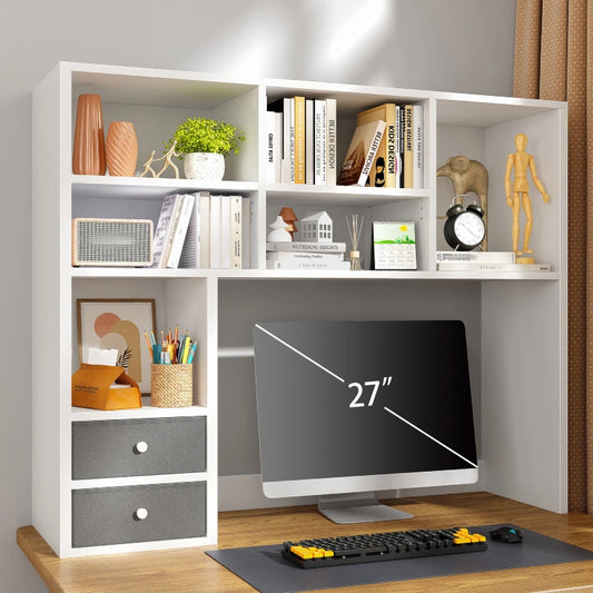 Snhomee Desktop Bookshelf with 7 Shelves & 2 Drawers, Adjustable Desk Hutch, Large Capacity Desktop Storage Rack for Home Office, College Dorm, Study Desk 800