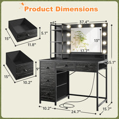 Dimensions of enhomee modern vanity desk with lights, 5 fabric drawers & 3-tier shelf, black vanity with hair dryer rack