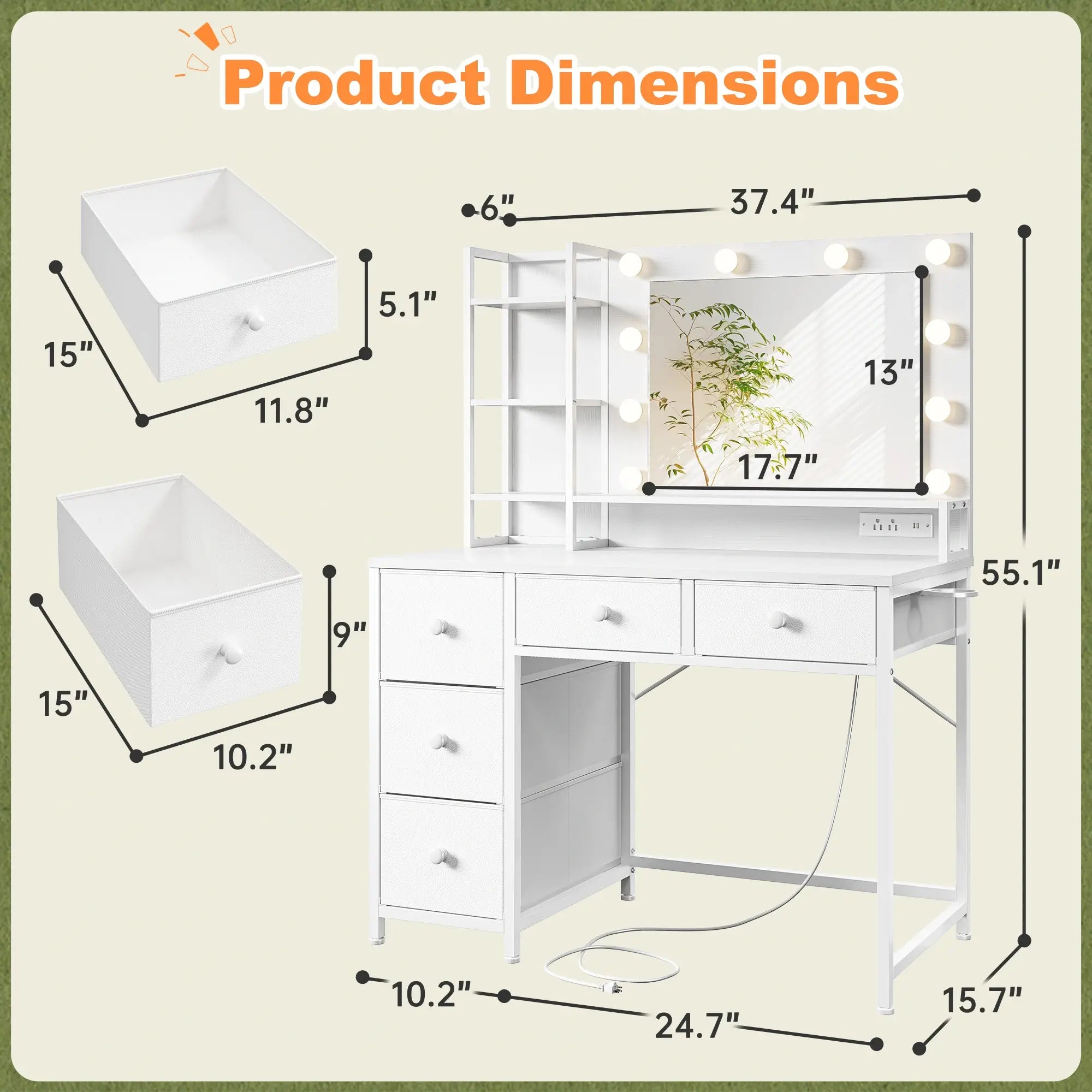 Dimensions of enhomee modern vanity desk with lights, 5 fabric drawers & 3-tier shelf, white vanity with hair dryer rack