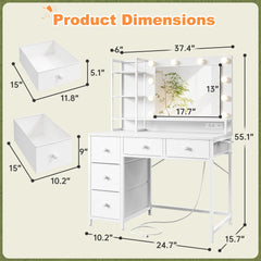Dimensions of enhomee modern vanity desk with lights, 5 fabric drawers & 3-tier shelf, white vanity with hair dryer rack