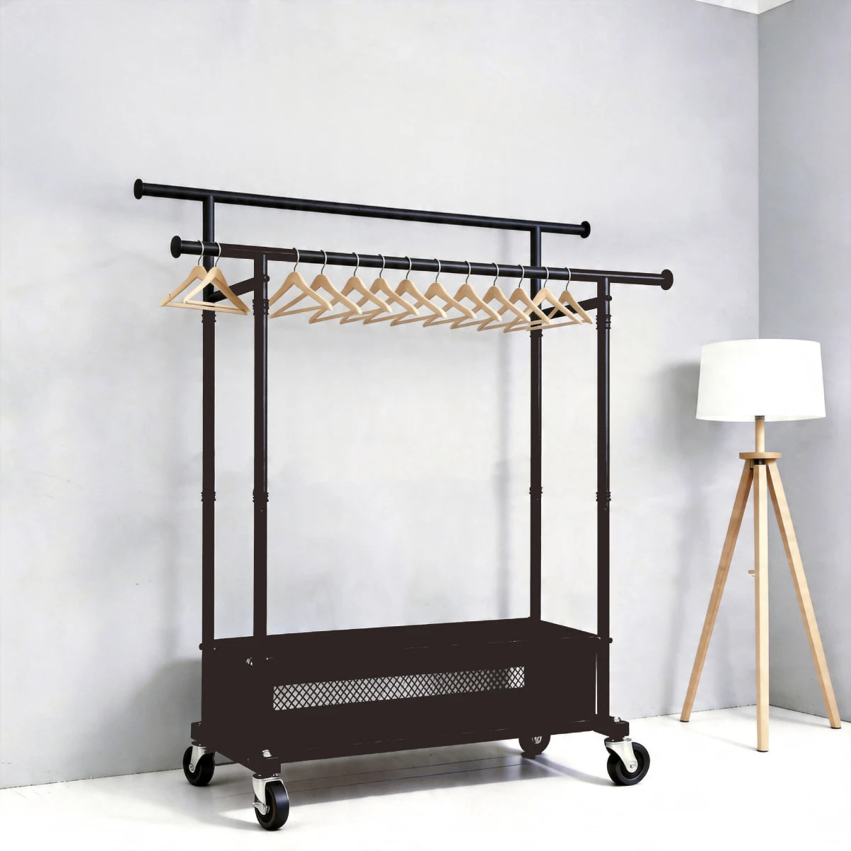 Steel Racking Clothes Snhomee Double Rod Clothing Rack with Storage Bag & Sturdy Wheels, rol ...