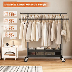 Maximize your wardrobe space with this double rod clothing rack with storage, offering ample hanging room for T-shirts, jackets, dresses, and coats.