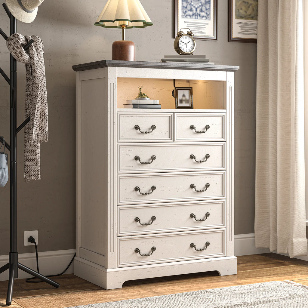 Snhomee Antique White 6-Drawer Dresser with LED Light & Power Outlets, –  snhomee