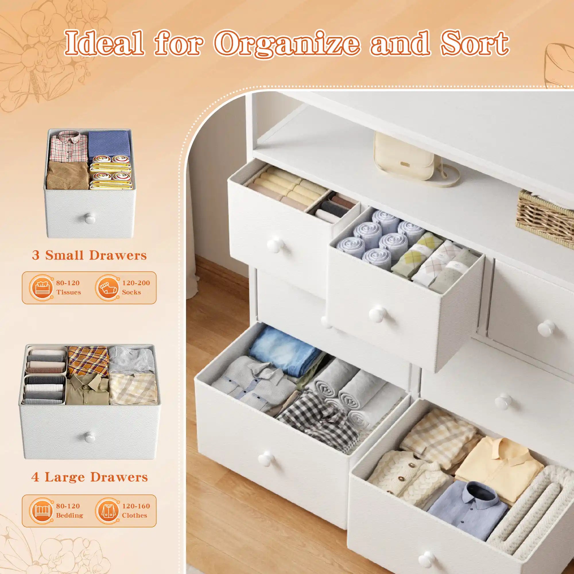 white clothes dresser for Bedroom, Dressers & Chests of Drawers for Storage, Wood Dresser for Closet with 6 Drawers, Wide Long Clothes Organizer with LED Light for Hallway, Entryway, Metal Handles or living space Traditional White Dresser with 6