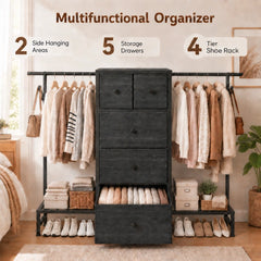 57.8" W Dresser With 2 Hanging Rack & 5 Drawers Storage, With 2 Shoe Racks and Side Hooks,For Bedroom,Closet, Entryway