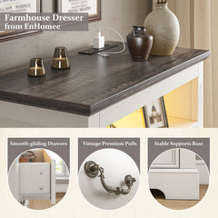 Snhomee Antique White 6-Drawer Dresser with LED Light & Power Outlets, 48" H Wood Dresser & Chest of Drawers for Bedroom Hallway