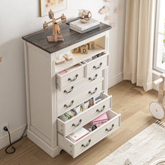 Snhomee Antique White 6-Drawer Dresser with LED Light & Power Outlets, 48" H Wood Dresser & Chest of Drawers for Bedroom Hallway