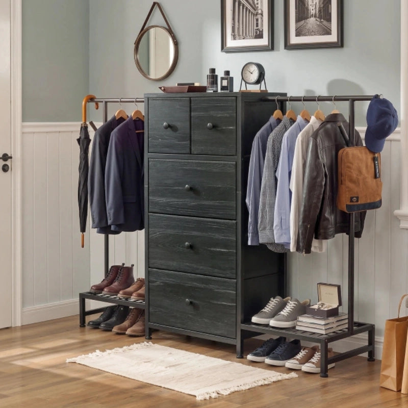 57.8" W Dresser With 2 Hanging Rack & 5 Drawers Storage, With 2 Shoe Racks and Side Hooks,For Bedroom,Closet, Entryway