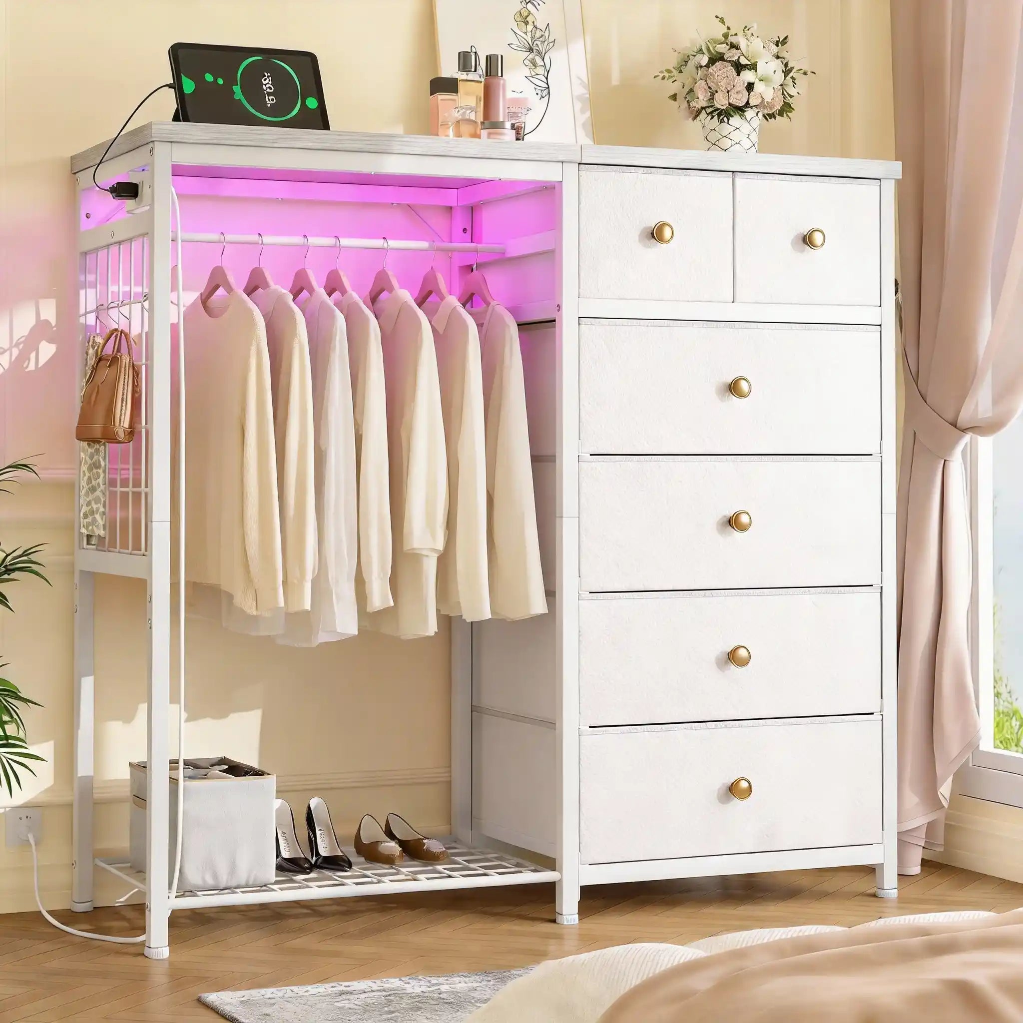 short dresser for closet EnHomee Fabric Dresser with 2 Hanging Racks Small Dresser with 4 Drawers for bedroom Small Closet with Clothes Rack, Black
