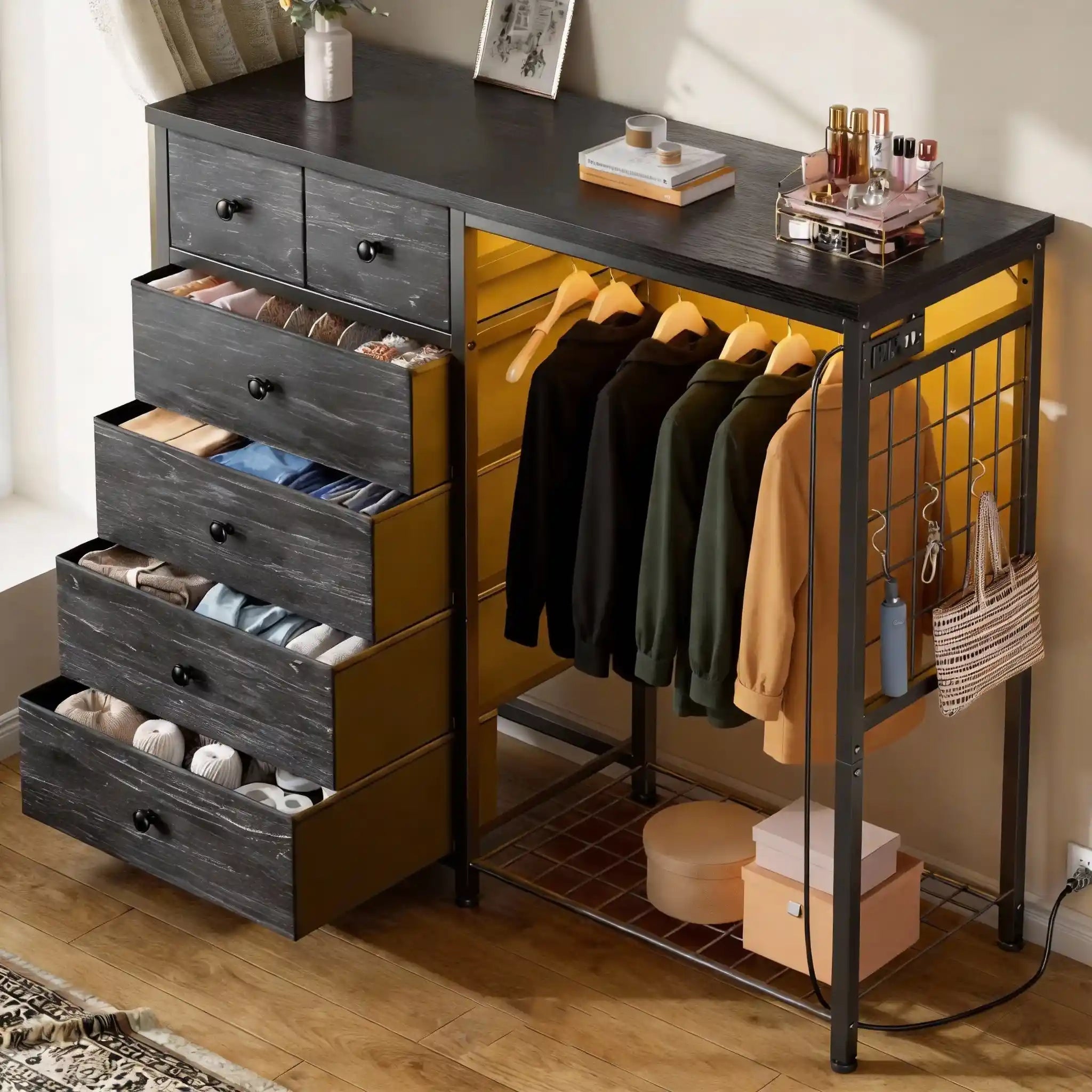 hanging dresser Wrought Studio Black Tall Dresser With Hanging Rack, 5 Drawer Clothes Dresser With Charging Station And Led Lights