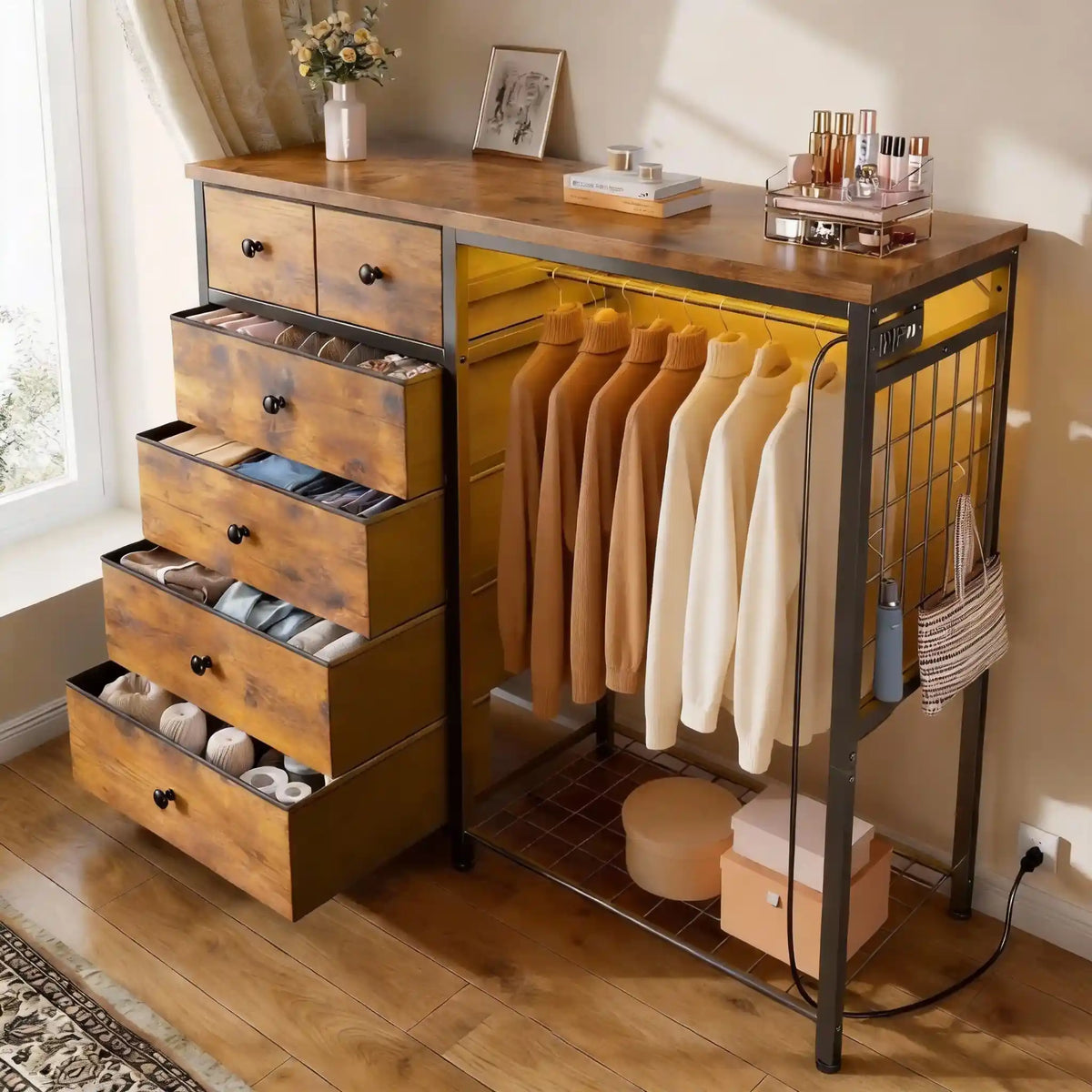 Snhomee 49.2"W Dresser with Hanging Rack & LED Lights - 6-Drawer Storage + Charging Station, Space-Saving‌&Dorm Essential‌，Small Dresser for Bedroom/Closet/Dorm