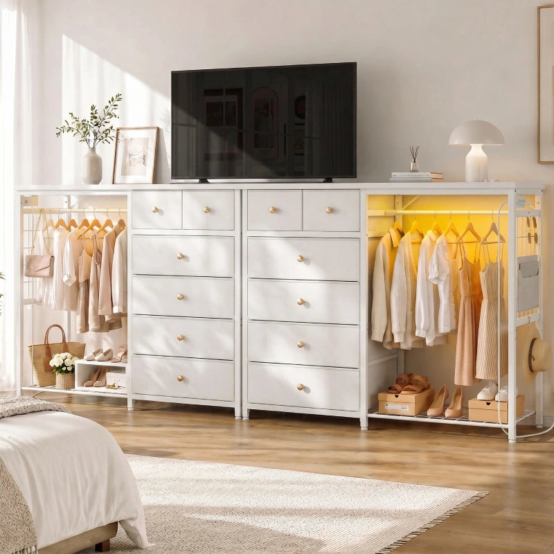 white dresser with led lights Garvee for Bedroom 6 Drawer Dresser and Charging Station Wide Chest of 6 Drawers with Open Space Modern Large Capacity Storage Cabinet Living Room Hallway in the With its neutral white tone 49.2"W Dresser with Hanging Rack