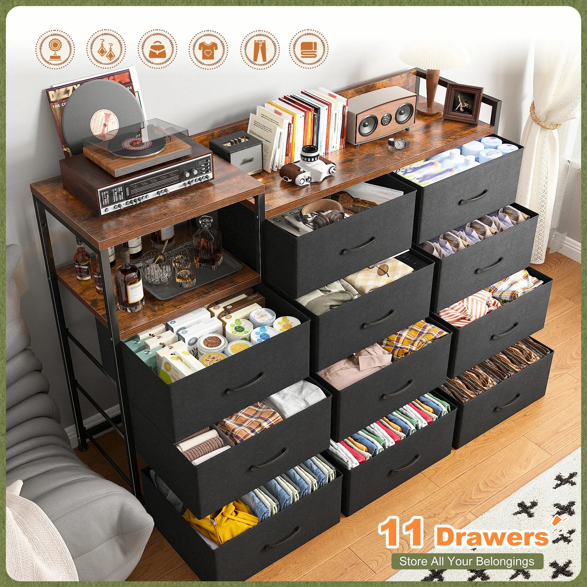 A high-capacity wide dresser with 11 drawers offers practical organization for bedrooms, closets, and family living spaces.