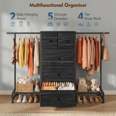 57.8" W Dresser With 2 Hanging Rack & Drawer Storage, With Shoe Racks and Side Hooks,For Bedroom,Closet, Entryway