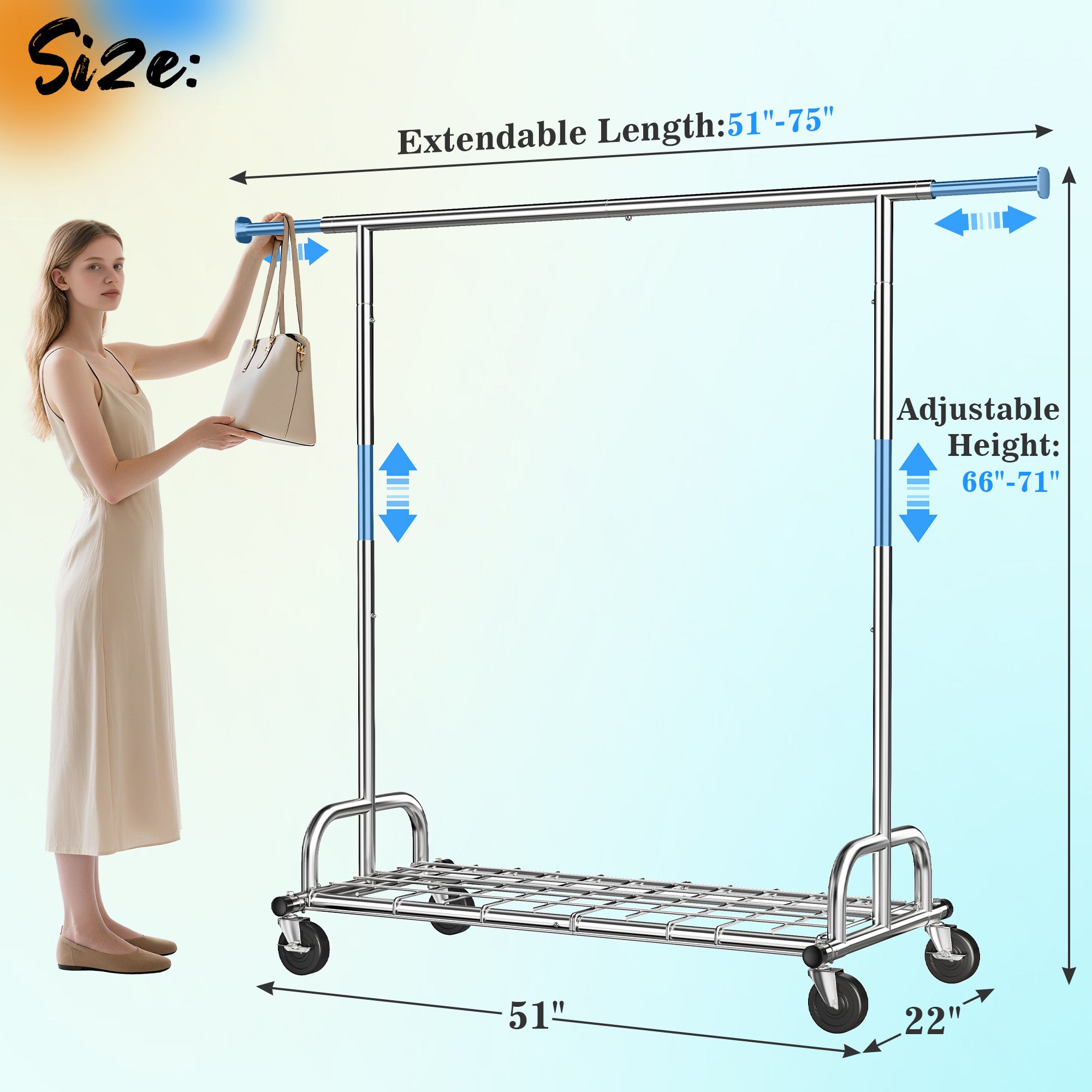 Snhomee 75"W 485LBS Clothes Rack, Metal Garment Rack With Wheels, Adjustable  Rolling Clothing Rack,  Portable Clothes Rack For Dorm