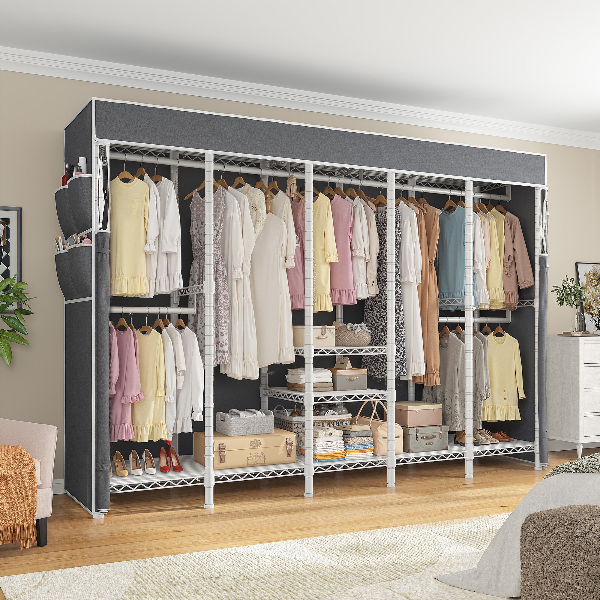 90.8 Inch Wide Commercial Clothing Rack - 1200 lb Heavy Duty Garment Rack with Zippered Dustproof Cover, Steel Frame Industrial Storage System for Retail/Warehouse/Home, Lockable Wheels & Anti-Tip Design-Home Storage > Clothes Rack-White-snhomee