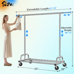 Snhomee 75"W 485LBS Clothes Rack, Metal Garment Rack With Wheels, Adjustable  Rolling Clothing Rack,  Portable Clothes Rack For Dorm