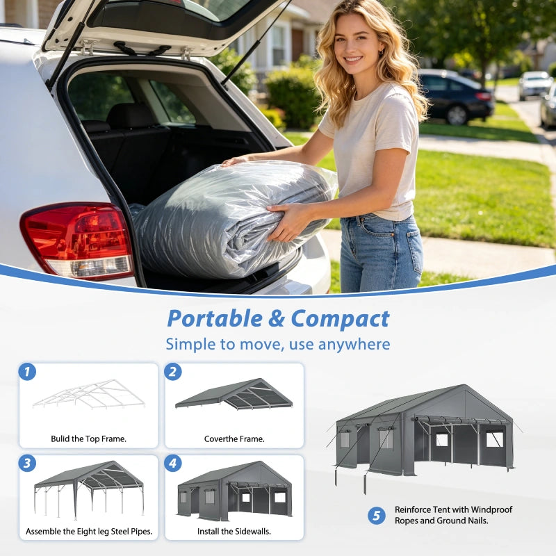 Designed as an easy assembly carport, the structure includes step-by-step instructions and requires no special tools.Use it as a temporary outdoor garage when you need flexible vehicle coverage, storage, or additional workspace.