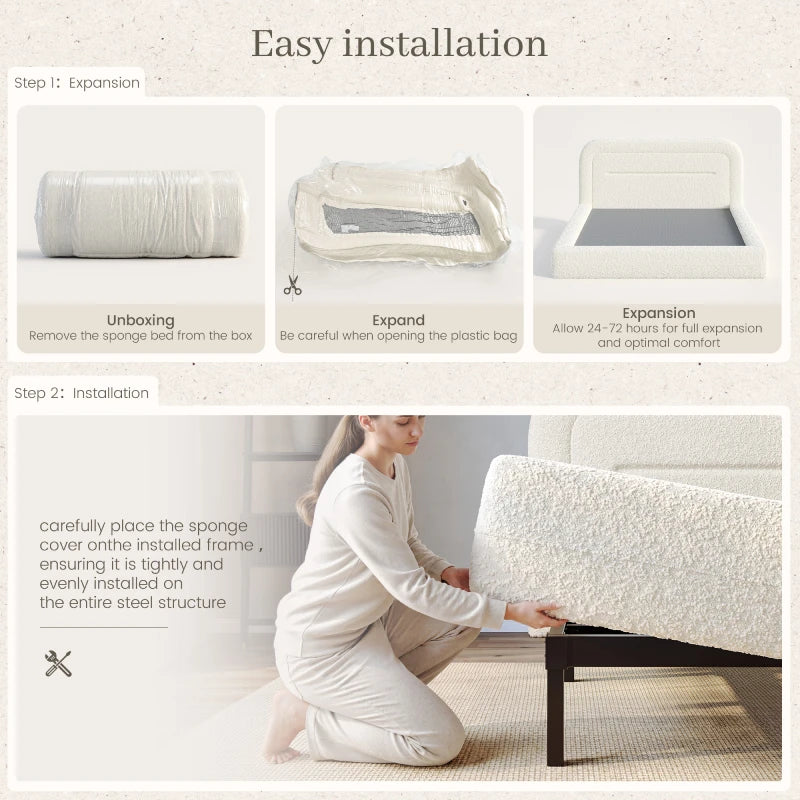 The easy assembly bed frame is designed for a straightforward setup with simple installation steps.