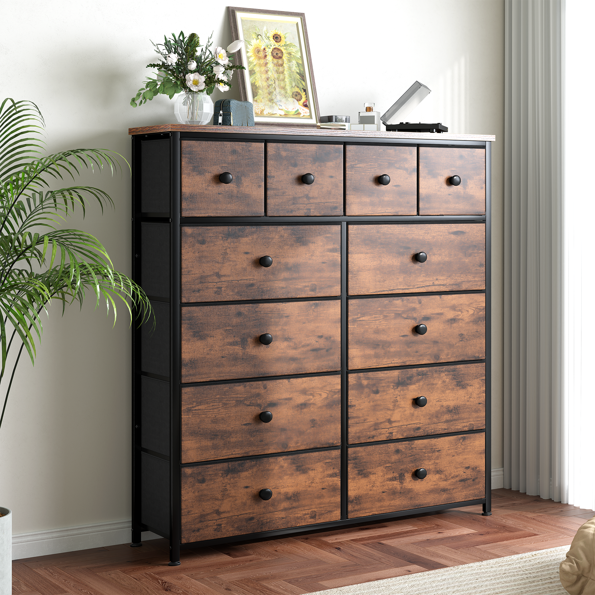 Snhomee 12-Drawer Tall Dresser for Bedroom  - Fabric & Metal Storage Organizer with Wood Top, Anti-Tip Design, Space-Saving, Closet, Entryway, Dorm Furniture, Back to school