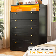 48"H 5-Drawer Wood Dresser and Chest with LED Lights for Bedroom-Clothing & Closet Storage-31.3"L x 15.7"W x 48.5"H-Black-snhomee