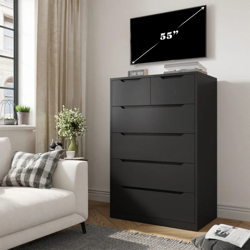 6-Drawer Black Tall Wood Dresser 43.3"H Vertical Dresser for Bedroom and Entryway-Furniture > Dresser-snhomee